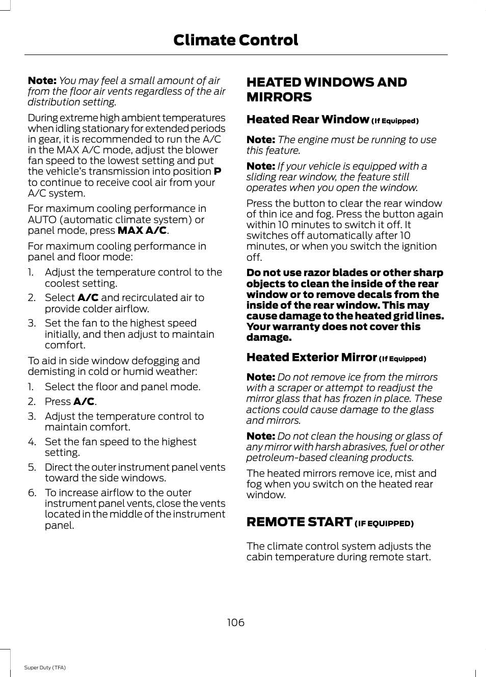 Heated windows and mirrors, Remote start, Heated windows and mirrors remote start | Climate control | FORD 2014 F-550 v.2 User Manual | Page 109 / 460