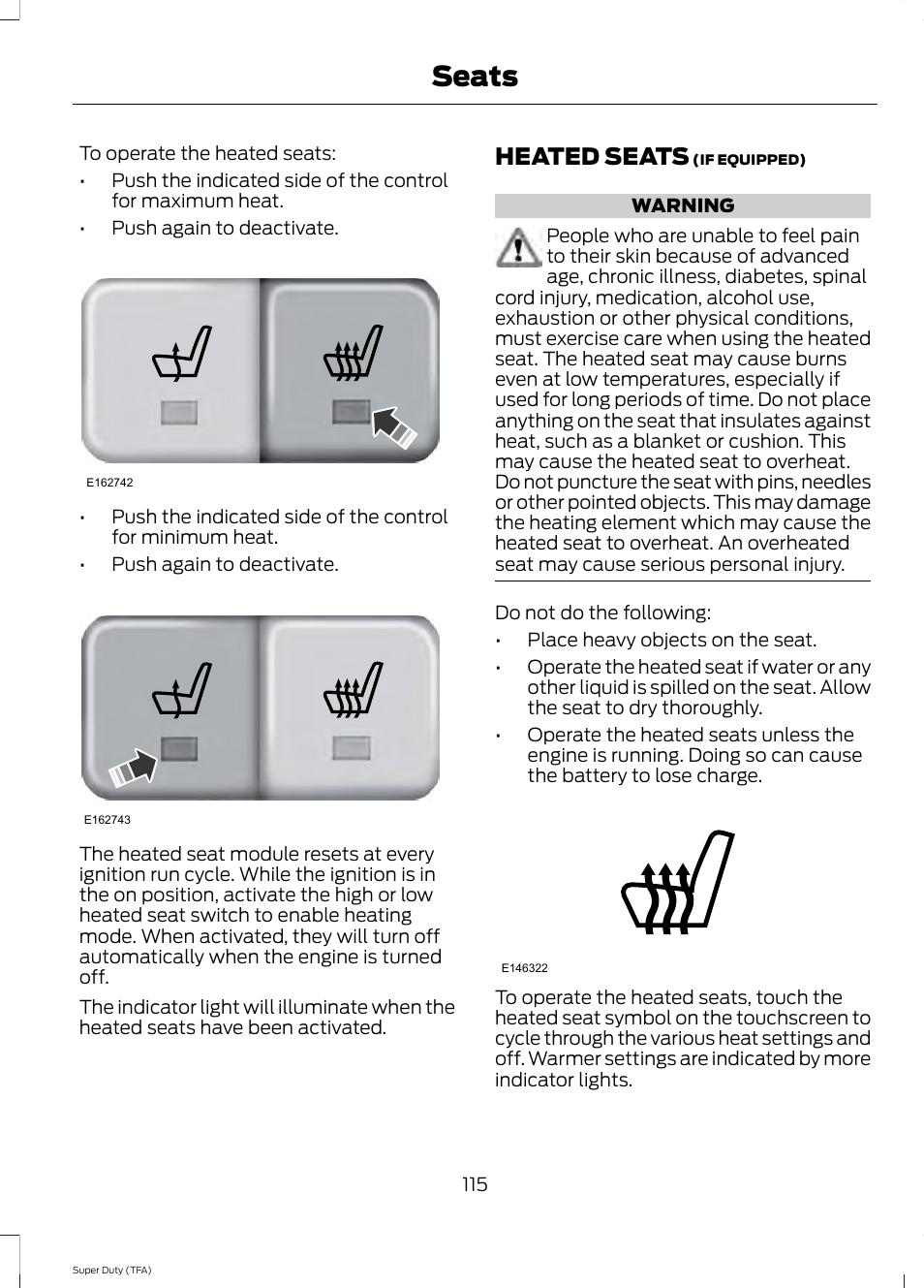 Heated seats, Seats | FORD 2014 F-550 v.2 User Manual | Page 118 / 460