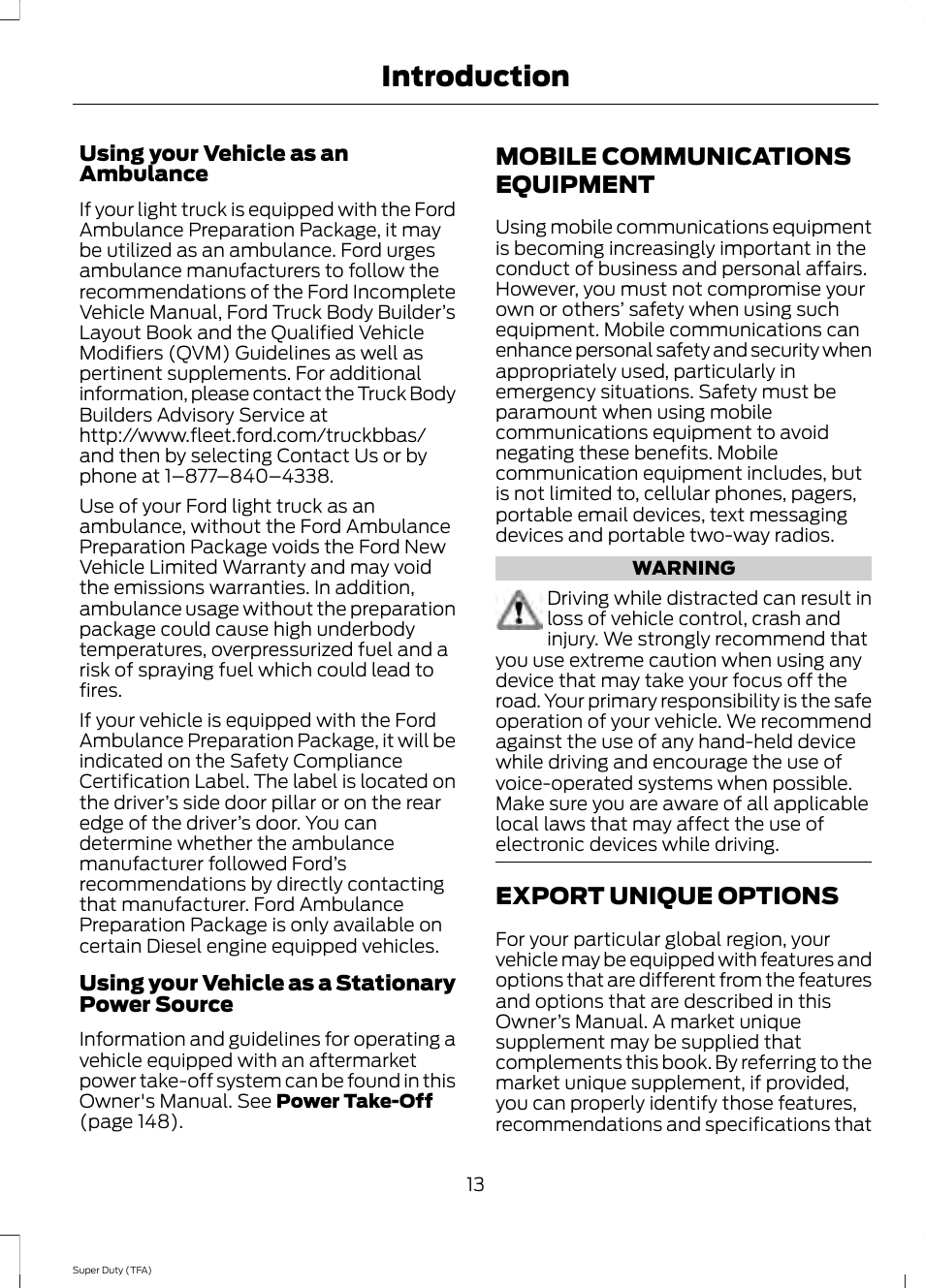 Mobile communications equipment, Export unique options, Mobile communications | Equipment, Introduction | FORD 2014 F-550 v.2 User Manual | Page 16 / 460