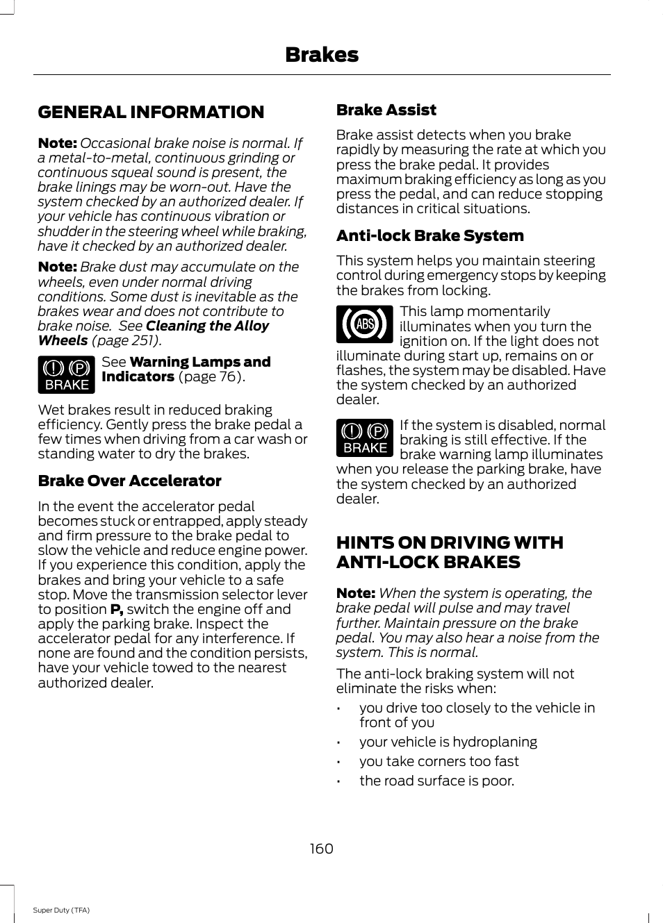 Brakes, General information, Hints on driving with anti-lock brakes | FORD 2014 F-550 v.2 User Manual | Page 163 / 460