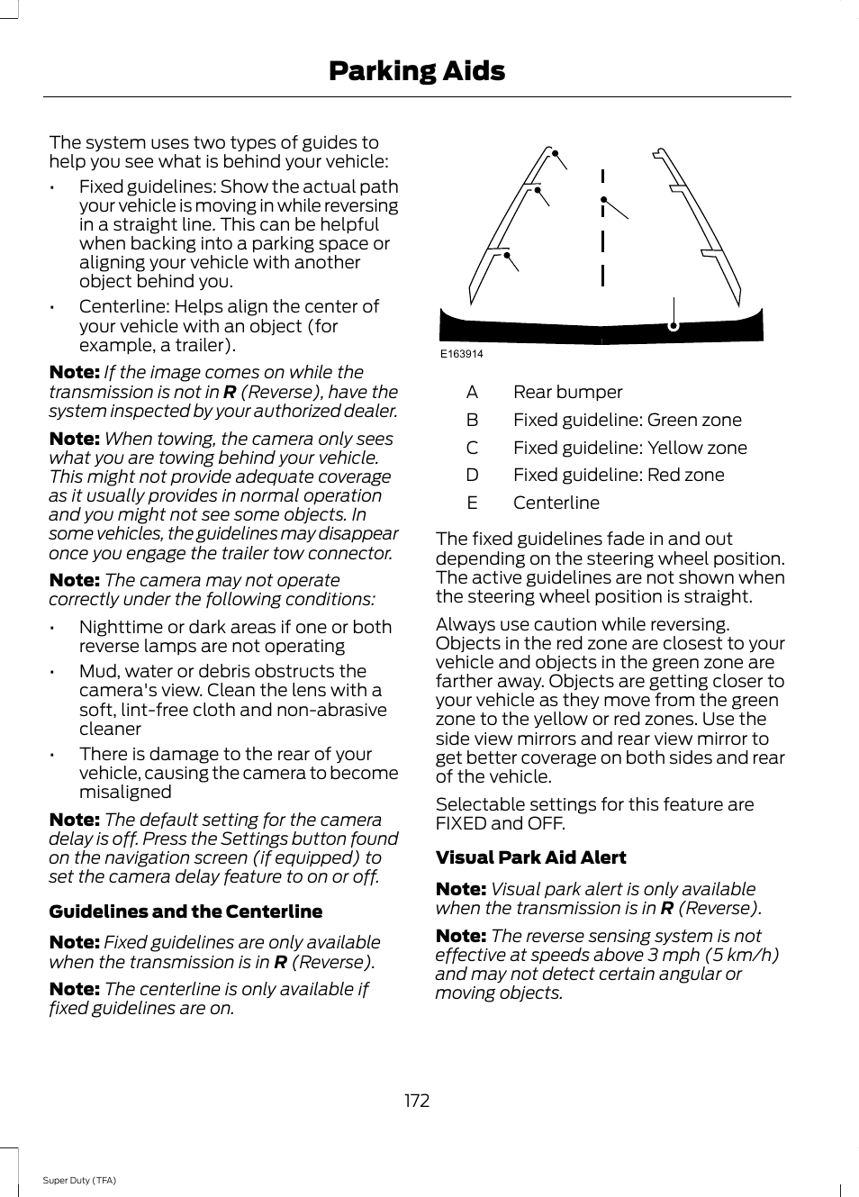 Parking aids, Ae d c b | FORD 2014 F-550 v.2 User Manual | Page 175 / 460