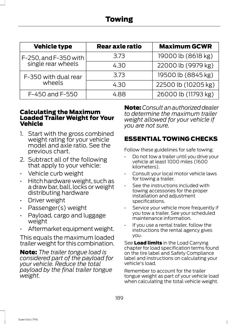 Essential towing checks, Towing | FORD 2014 F-550 v.2 User Manual | Page 192 / 460