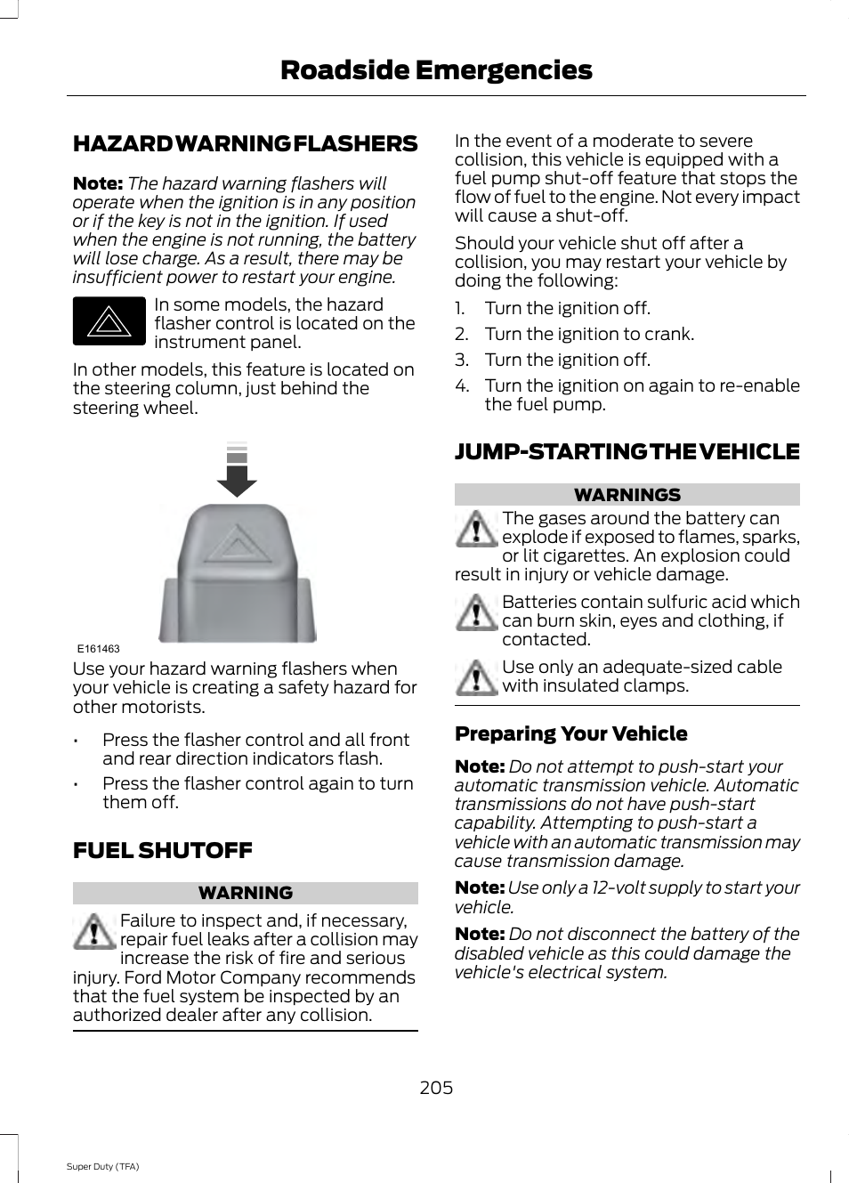 Hazard warning flashers, Fuel shutoff, Jump-starting the vehicle | Roadside emergencies | FORD 2014 F-550 v.2 User Manual | Page 208 / 460