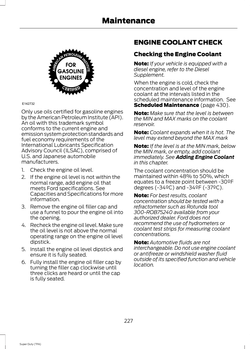 Engine coolant check, E see engine coolant check, Maintenance | FORD 2014 F-550 v.2 User Manual | Page 230 / 460