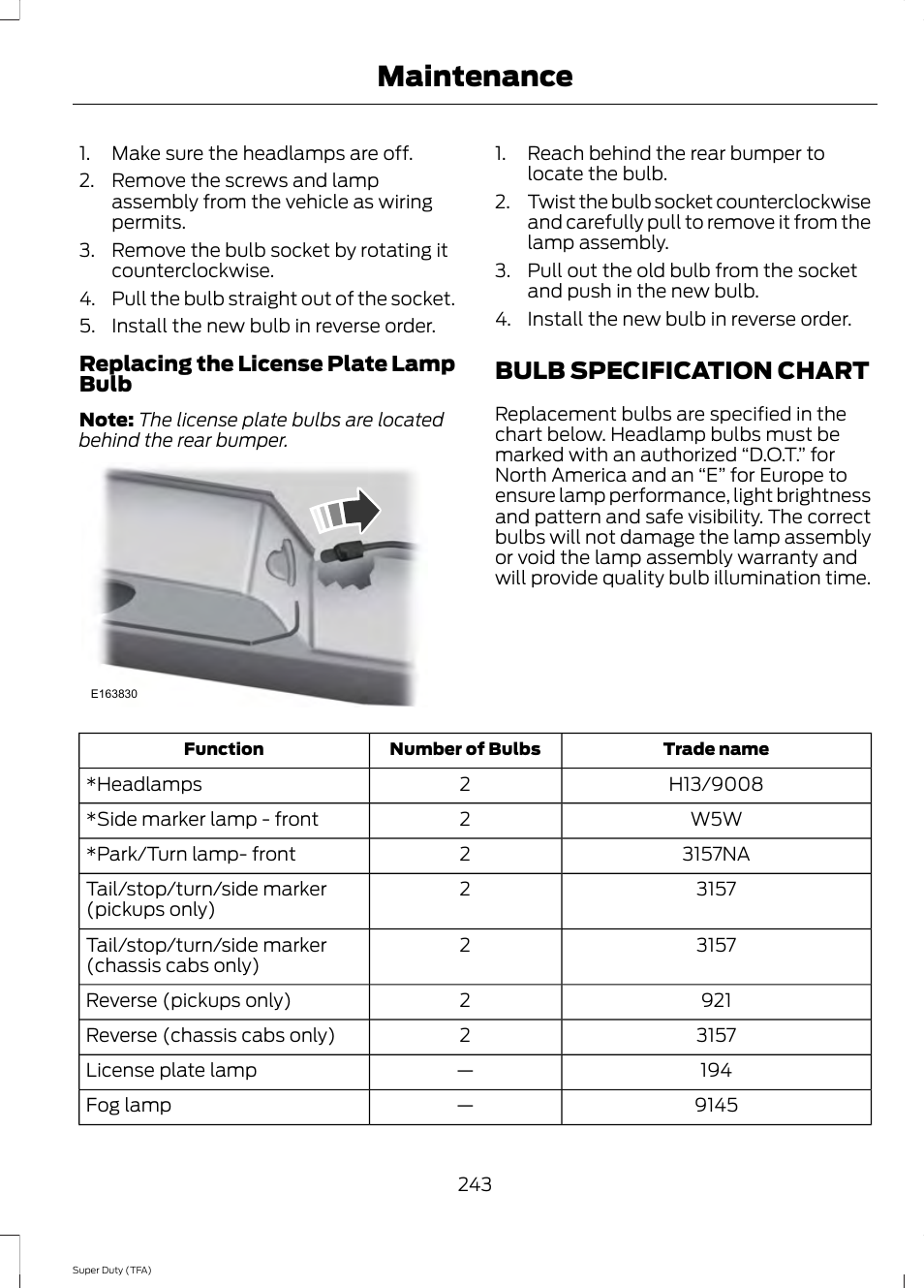 Bulb specification chart, Maintenance | FORD 2014 F-550 v.2 User Manual | Page 246 / 460