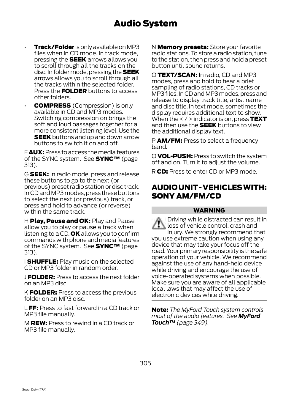 Audio unit, Audio unit - vehicles with: sony, Am/fm/cd | Audio system, Audio unit - vehicles with: sony am/fm/cd | FORD 2014 F-550 v.2 User Manual | Page 308 / 460