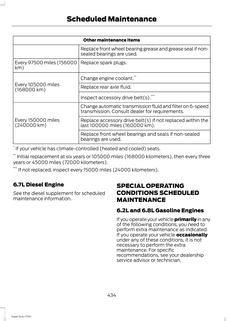 Special operating conditions scheduled maintenance, Special operating conditions scheduled, Maintenance | Scheduled maintenance, 7l diesel engine, 2l and 6.8l gasoline engines | FORD 2014 F-550 v.2 User Manual | Page 437 / 460