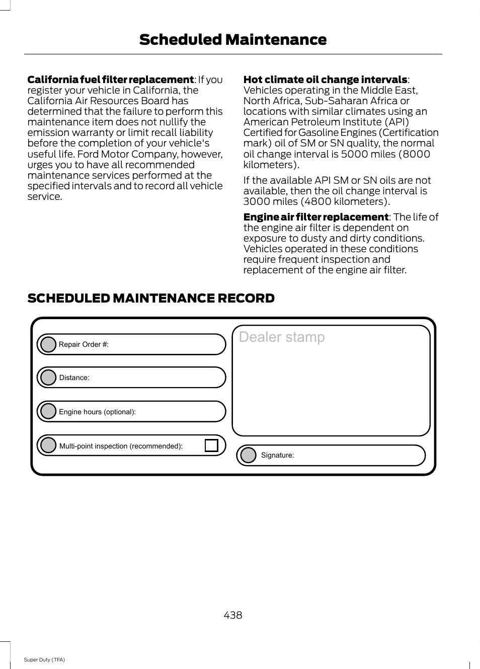 Scheduled maintenance record, Dealer stamp, Scheduled maintenance | FORD 2014 F-550 v.2 User Manual | Page 441 / 460