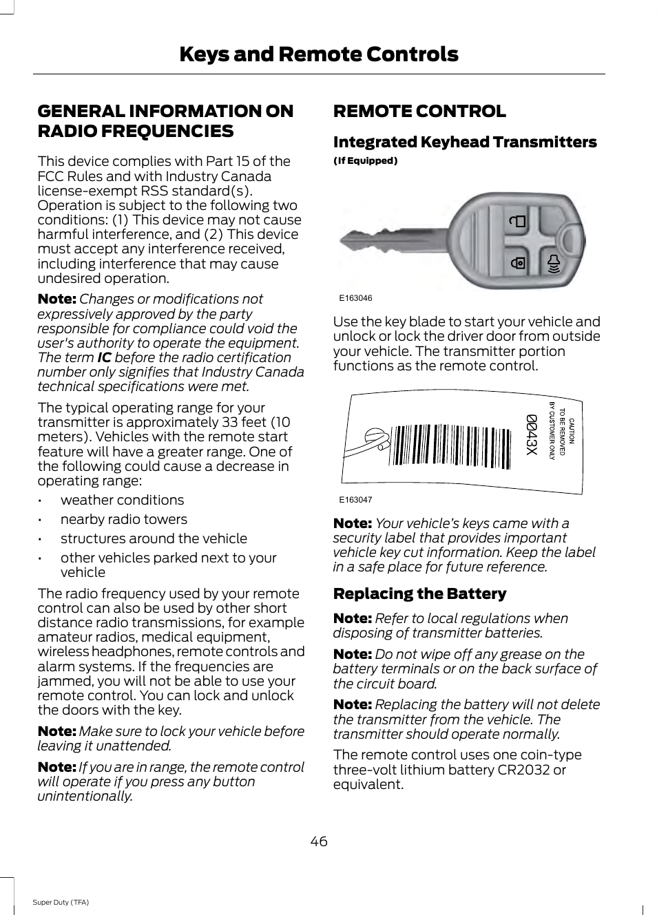 Keys and remote controls, General information on radio frequencies, Remote control | General information on radio, Frequencies | FORD 2014 F-550 v.2 User Manual | Page 49 / 460
