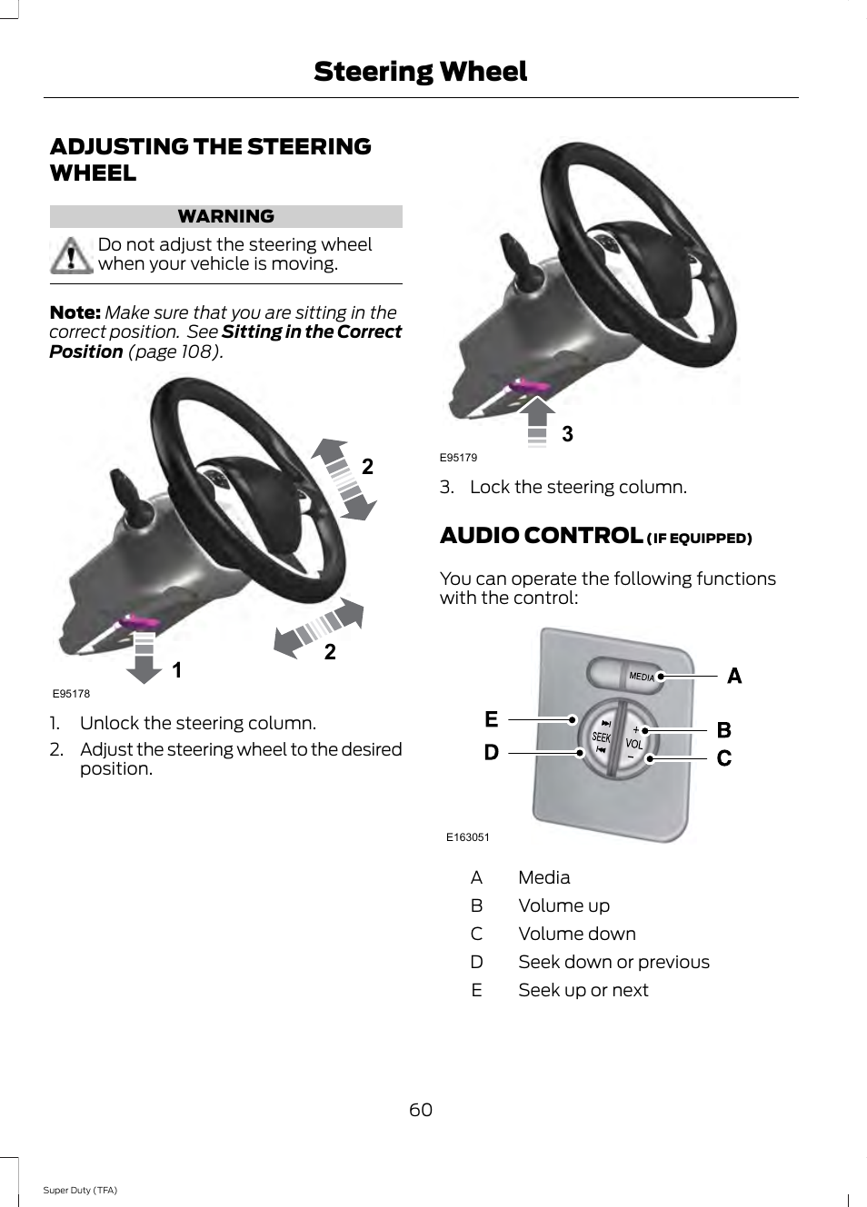 Steering wheel, Adjusting the steering wheel, Audio control | Adjusting the steering wheel audio control | FORD 2014 F-550 v.2 User Manual | Page 63 / 460