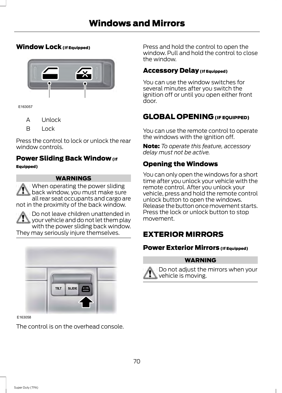 Global opening, Exterior mirrors, Global opening exterior mirrors | Windows and mirrors | FORD 2014 F-550 v.2 User Manual | Page 73 / 460