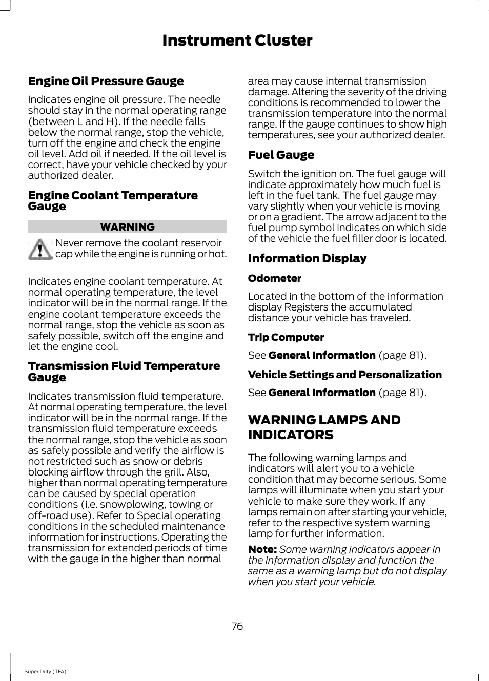 Warning lamps and indicators, Instrument cluster | FORD 2014 F-550 v.2 User Manual | Page 79 / 460