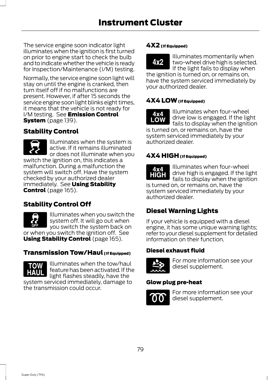 Instrument cluster, Stability control, Stability control off | Transmission tow/haul, 4x4 low, 4x4 high, Diesel warning lights | FORD 2014 F-550 v.2 User Manual | Page 82 / 460