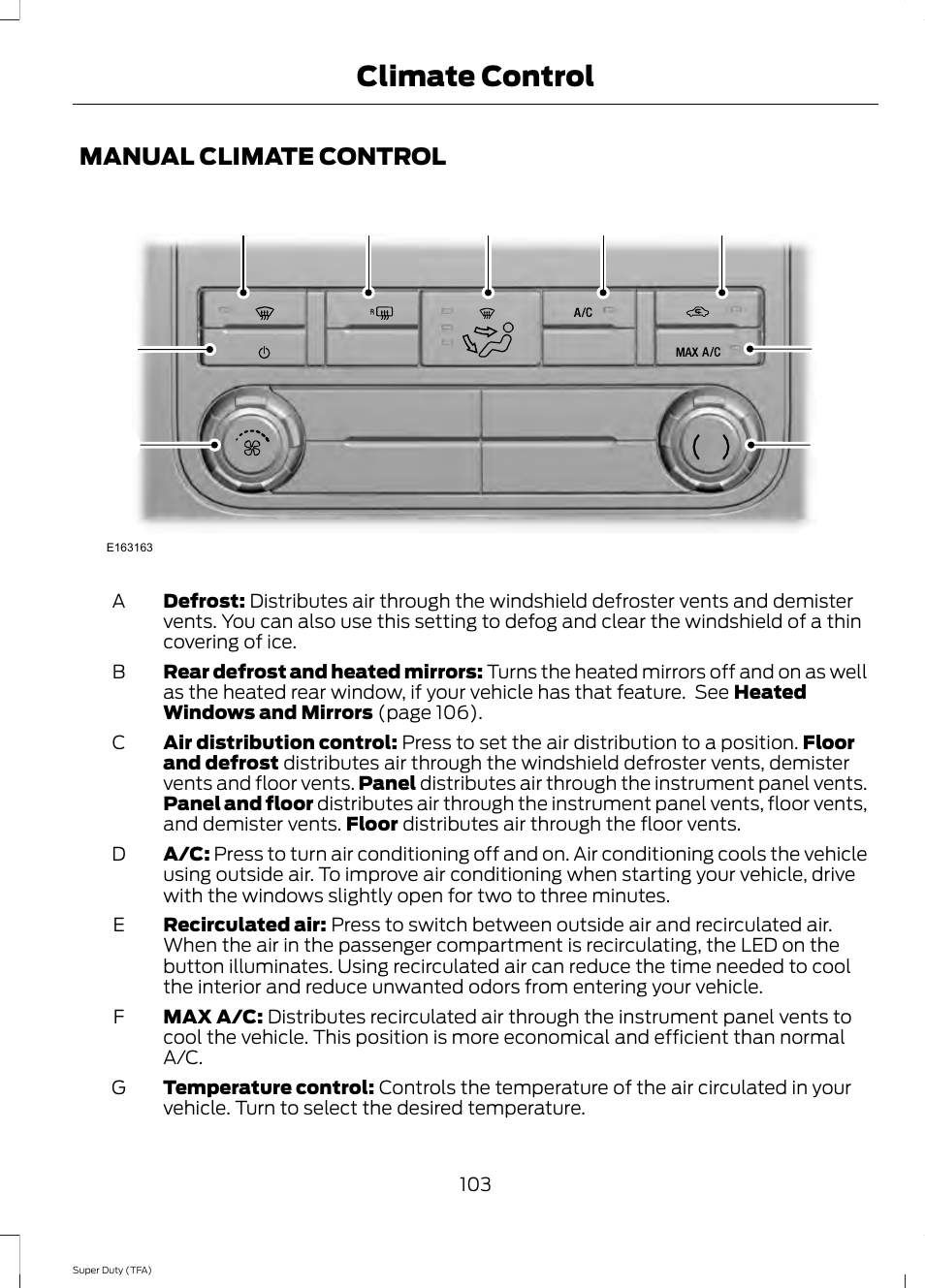 Climate control, Manual climate control | FORD 2014 F-550 v.3 User Manual | Page 106 / 460