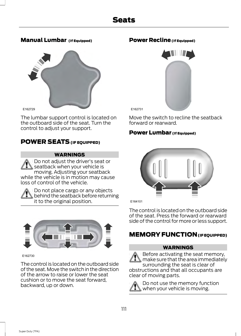 Power seats, Memory function, Seats | Manual lumbar, Power recline, Power lumbar | FORD 2014 F-550 v.3 User Manual | Page 114 / 460