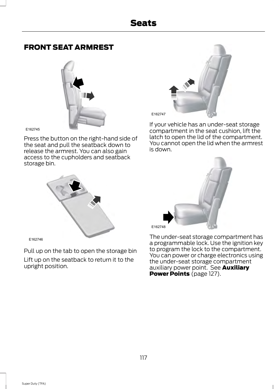 Front seat armrest, Seats | FORD 2014 F-550 v.3 User Manual | Page 120 / 460