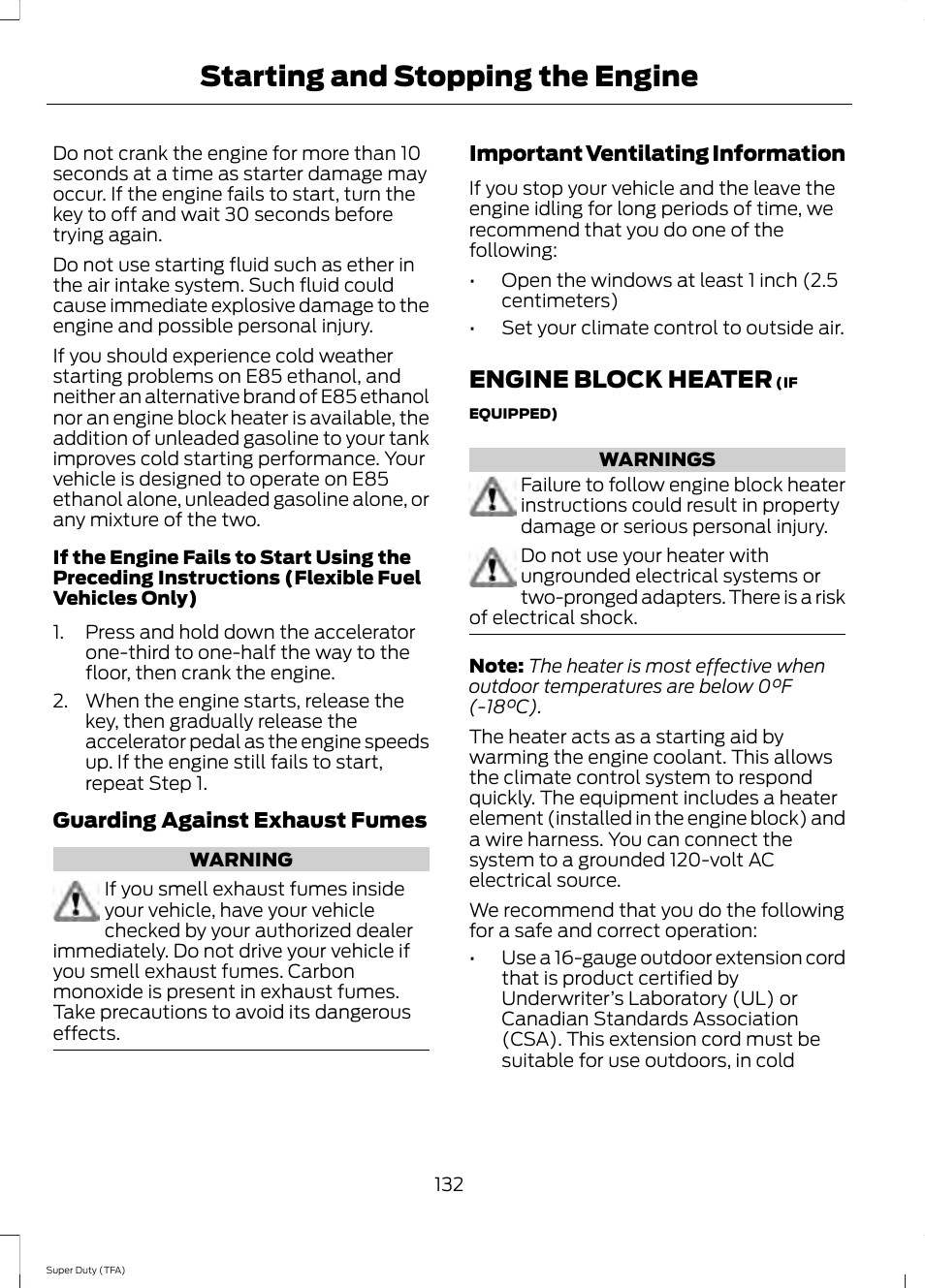 Engine block heater, Starting and stopping the engine | FORD 2014 F-550 v.3 User Manual | Page 135 / 460