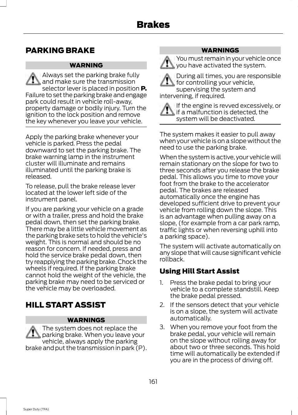 Parking brake, Hill start assist, Parking brake hill start assist | Brakes | FORD 2014 F-550 v.3 User Manual | Page 164 / 460