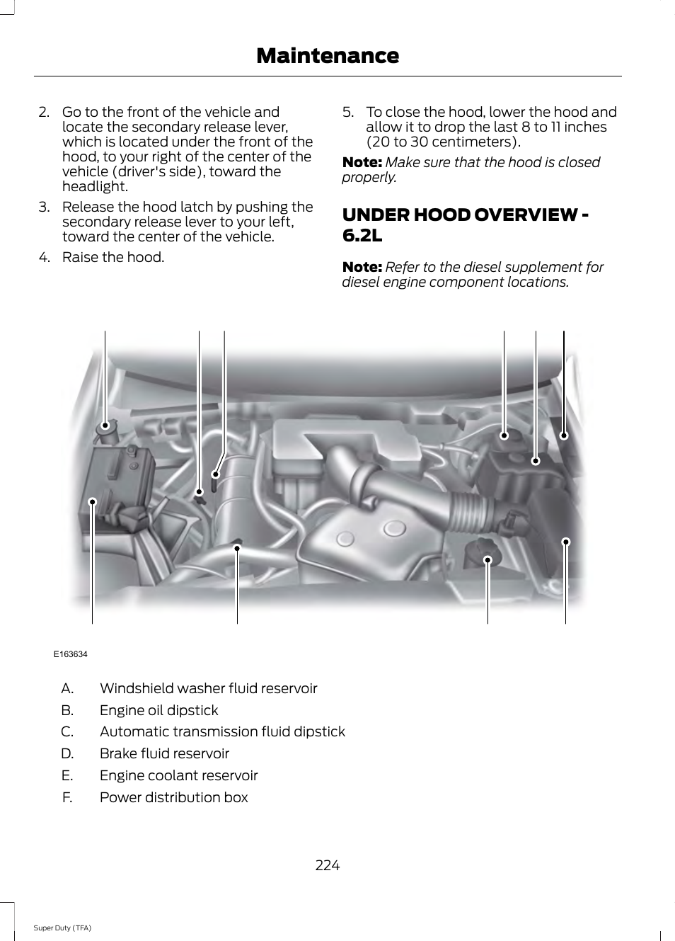 Under hood overview, Under hood overview - 6.2l, Maintenance | FORD 2014 F-550 v.3 User Manual | Page 227 / 460