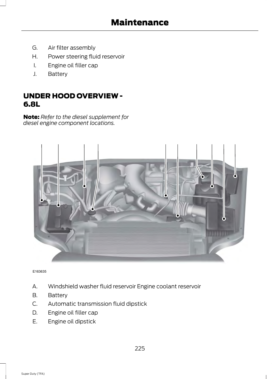Under hood overview, Under hood overview - 6.8l, Maintenance | FORD 2014 F-550 v.3 User Manual | Page 228 / 460