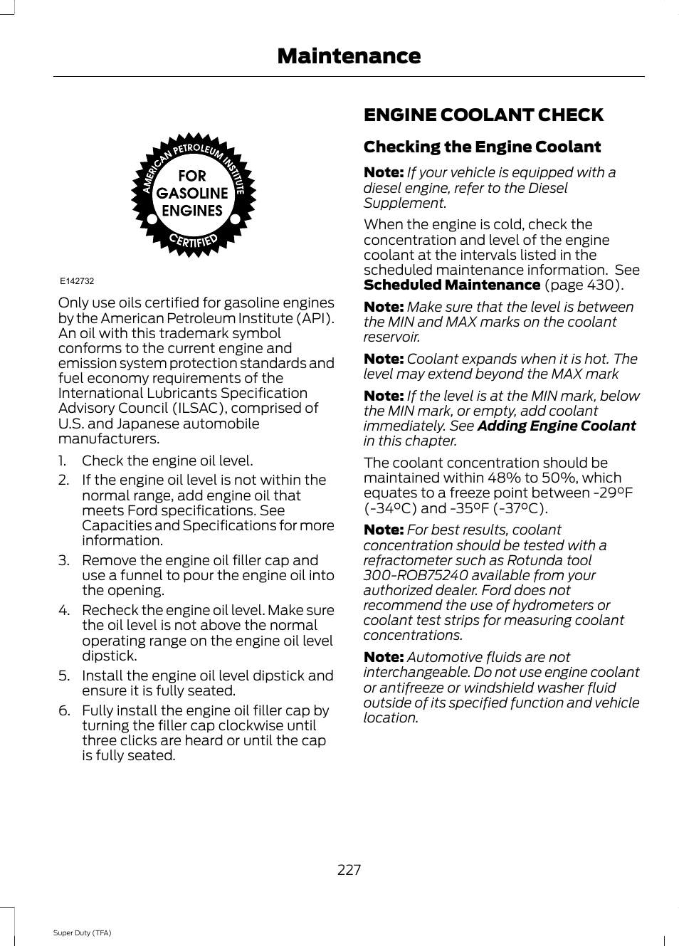 Engine coolant check, E see engine coolant check, Maintenance | FORD 2014 F-550 v.3 User Manual | Page 230 / 460