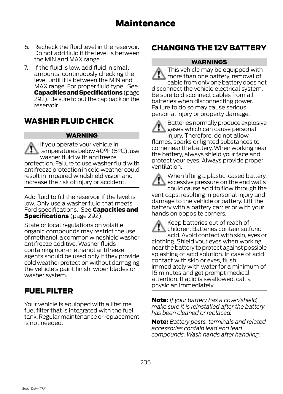 Washer fluid check, Fuel filter, Changing the 12v battery | Maintenance | FORD 2014 F-550 v.3 User Manual | Page 238 / 460