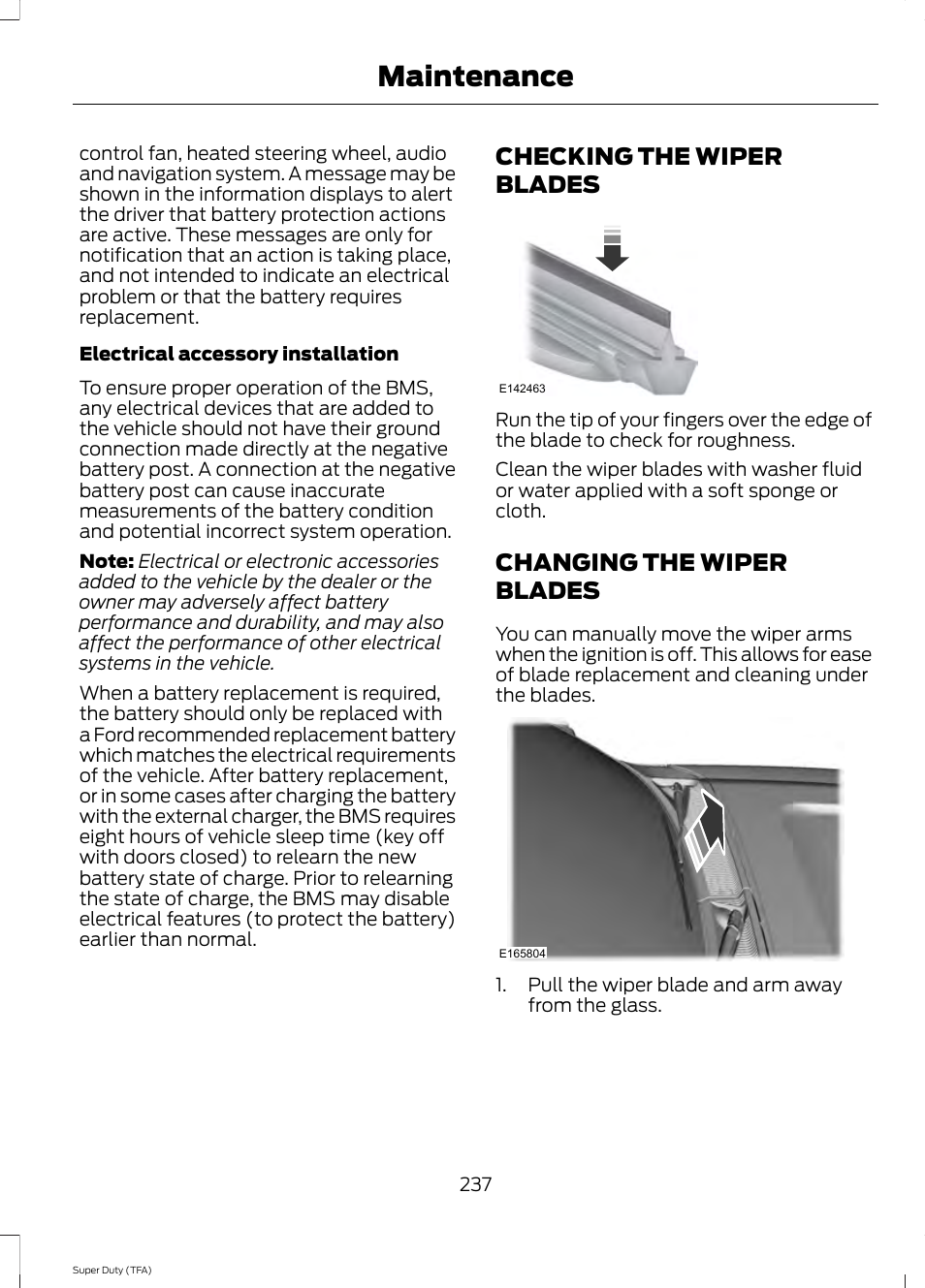 Checking the wiper blades, Changing the wiper blades, Maintenance | FORD 2014 F-550 v.3 User Manual | Page 240 / 460