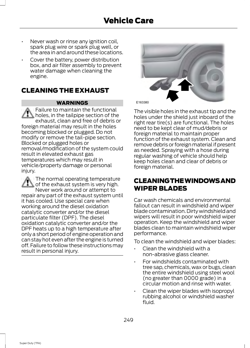 Cleaning the exhaust, Cleaning the windows and wiper blades, Blades | Vehicle care | FORD 2014 F-550 v.3 User Manual | Page 252 / 460