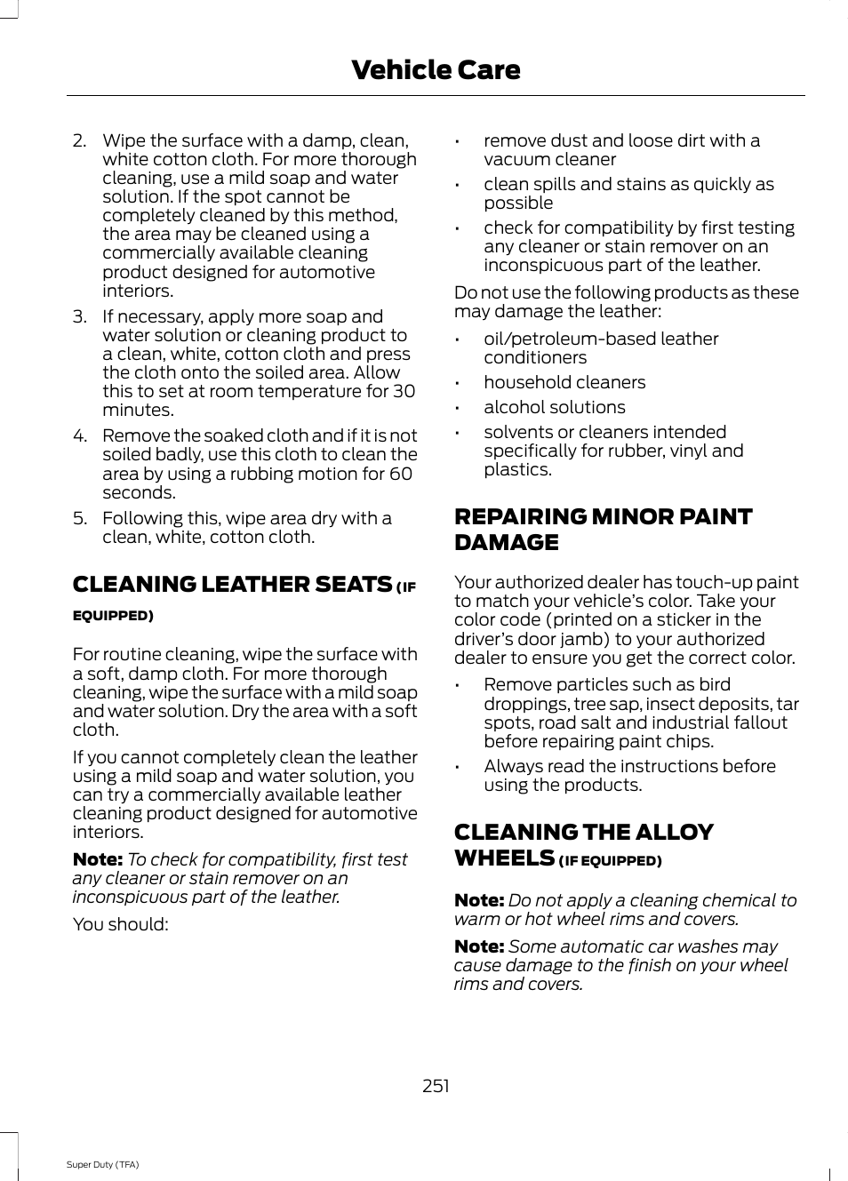 Cleaning leather seats, Repairing minor paint damage, Cleaning the alloy wheels | Vehicle care | FORD 2014 F-550 v.3 User Manual | Page 254 / 460