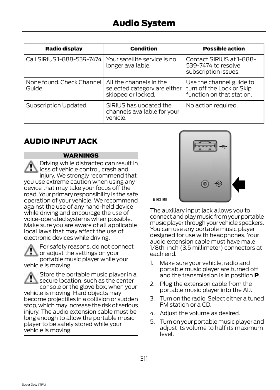 Audio input jack, Audio system | FORD 2014 F-550 v.3 User Manual | Page 314 / 460