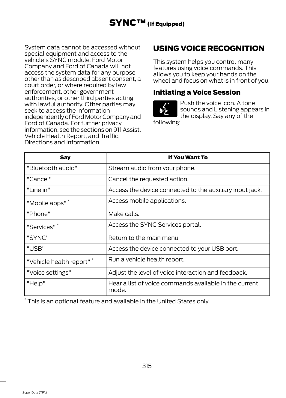 Using voice recognition, Sync | FORD 2014 F-550 v.3 User Manual | Page 318 / 460