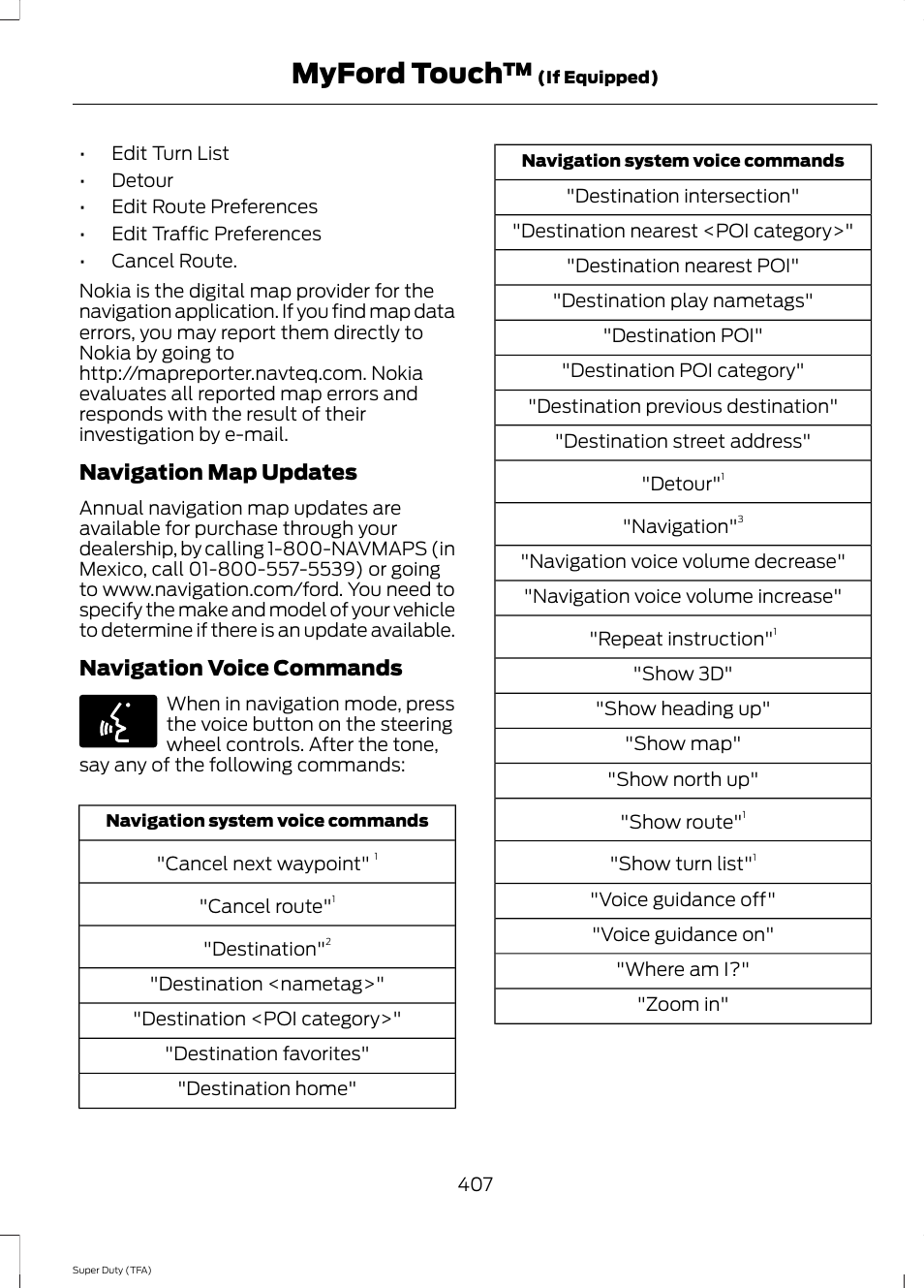 Myford touch, Navigation map updates, Navigation voice commands | FORD 2014 F-550 v.3 User Manual | Page 410 / 460