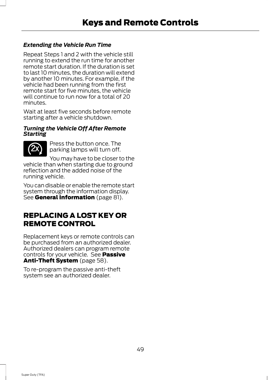 Replacing a lost key or remote control, Replacing a lost key or remote, Control | Keys and remote controls | FORD 2014 F-550 v.3 User Manual | Page 52 / 460