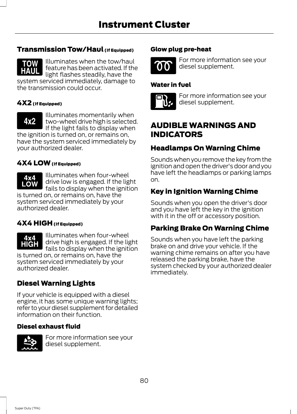 Audible warnings and indicators, Instrument cluster | FORD 2014 F-550 v.3 User Manual | Page 83 / 460