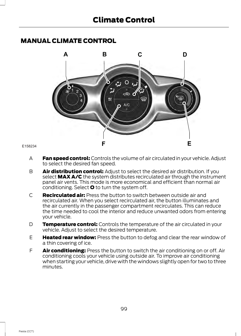 Manual climate control, Climate control | FORD 2014 Fiesta v.1 User Manual | Page 102 / 396