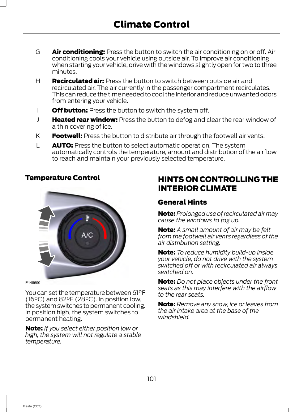 Hints on controlling the interior climate, Hints on controlling the interior, Climate | Climate control | FORD 2014 Fiesta v.1 User Manual | Page 104 / 396