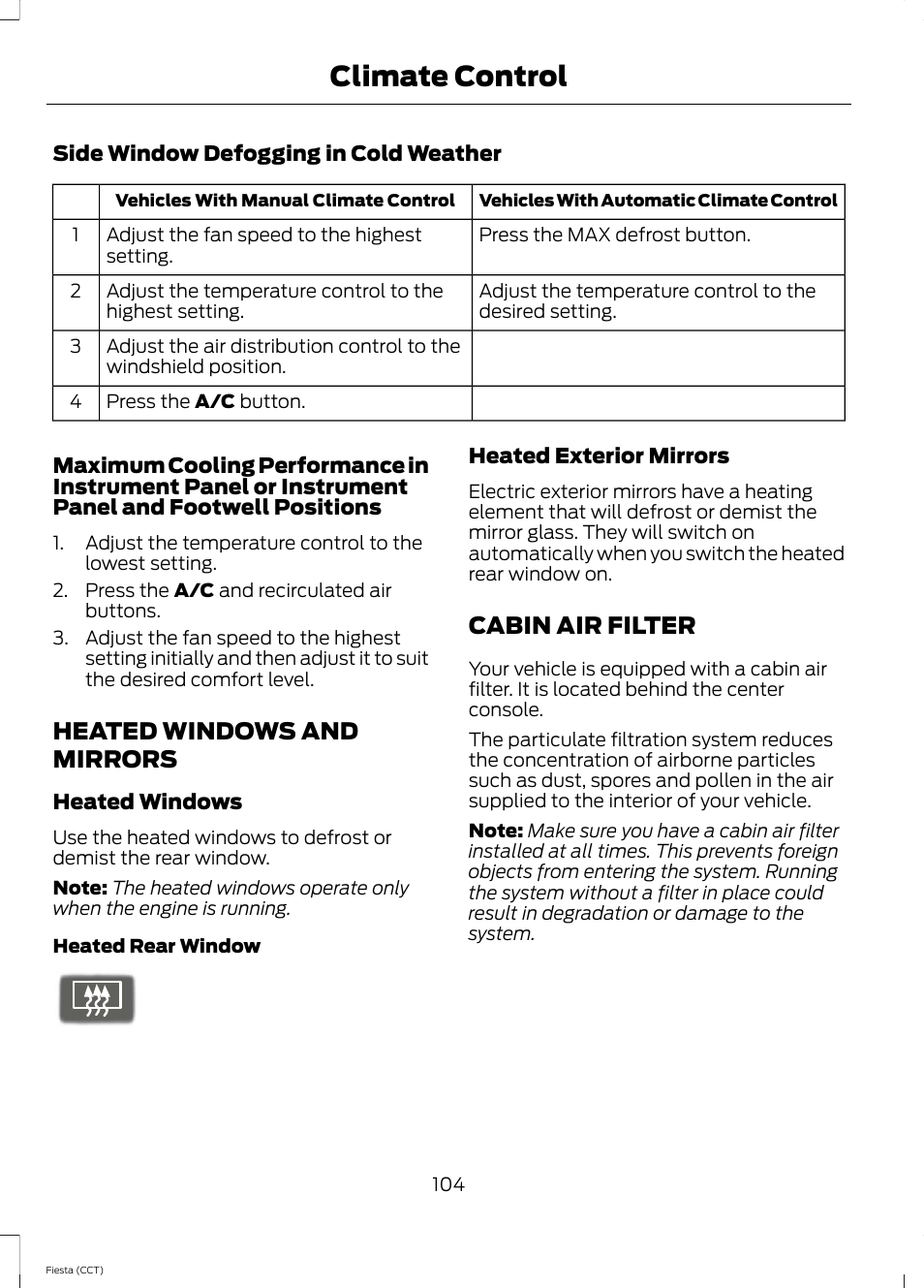 Heated windows and mirrors, Cabin air filter, Heated windows and mirrors cabin air filter | Climate control | FORD 2014 Fiesta v.1 User Manual | Page 107 / 396