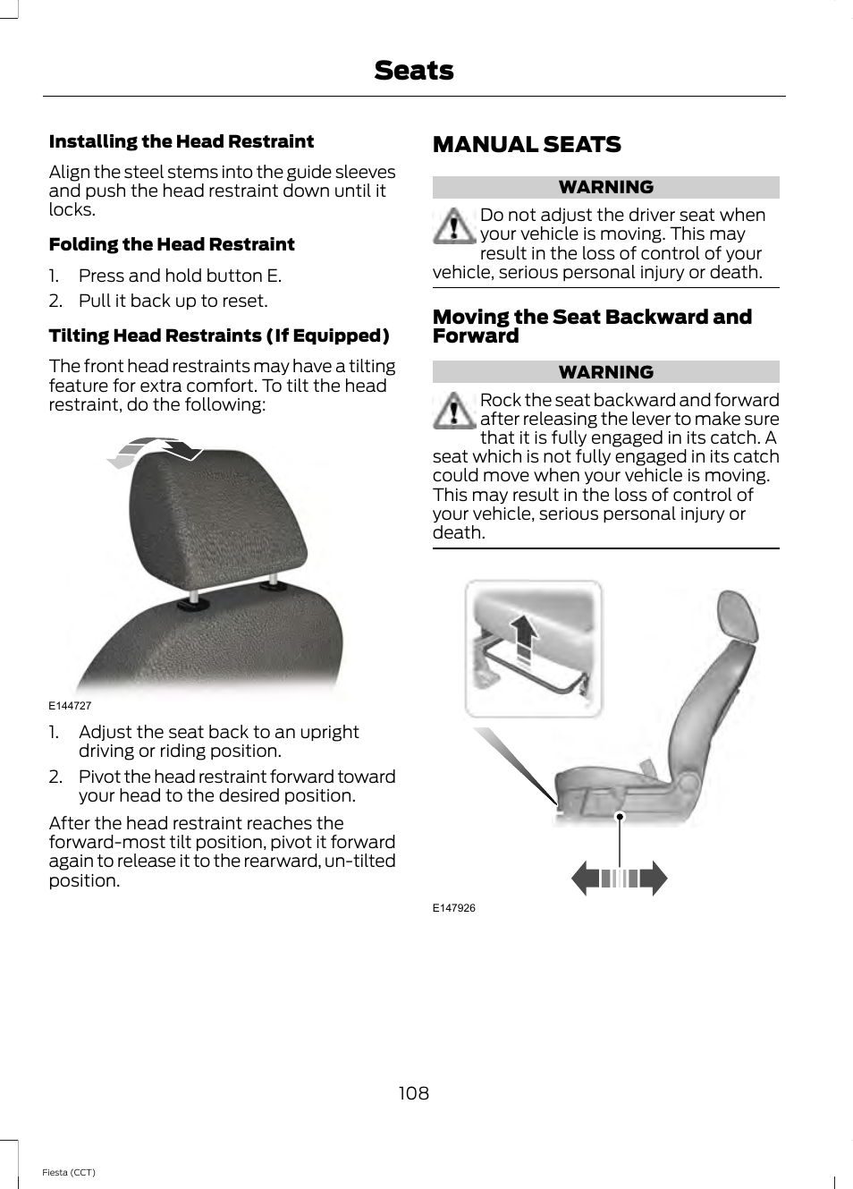 Manual seats, Seats | FORD 2014 Fiesta v.1 User Manual | Page 111 / 396