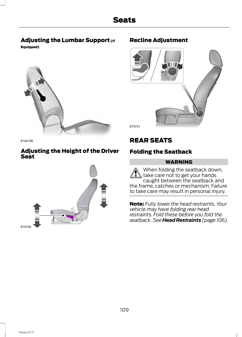Rear seats, Seats | FORD 2014 Fiesta v.1 User Manual | Page 112 / 396