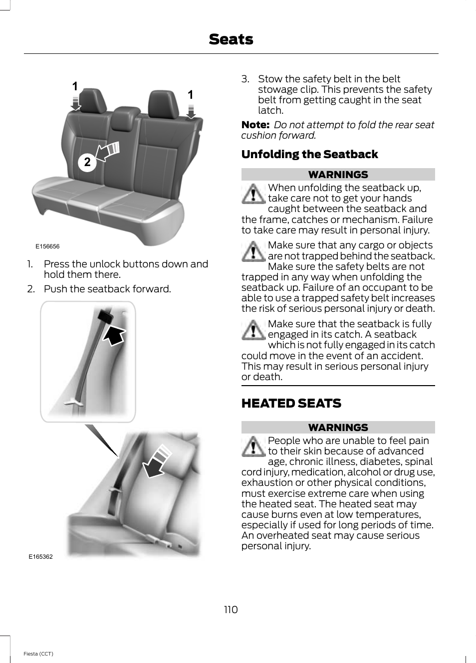 Heated seats, Seats | FORD 2014 Fiesta v.1 User Manual | Page 113 / 396