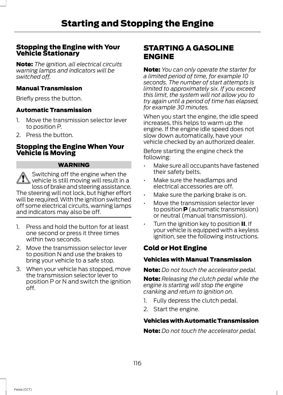 Starting a gasoline engine, Starting and stopping the engine | FORD 2014 Fiesta v.1 User Manual | Page 119 / 396