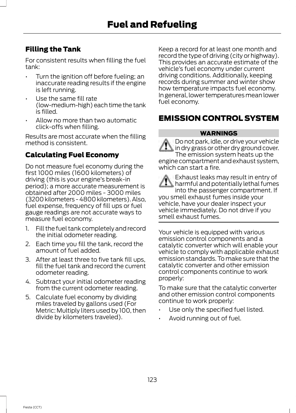 Emission control system, Fuel and refueling | FORD 2014 Fiesta v.1 User Manual | Page 126 / 396