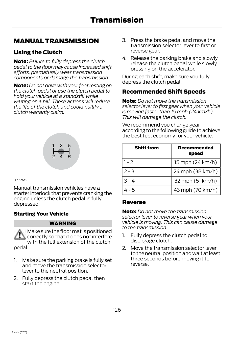 Transmission, Manual transmission | FORD 2014 Fiesta v.1 User Manual | Page 129 / 396