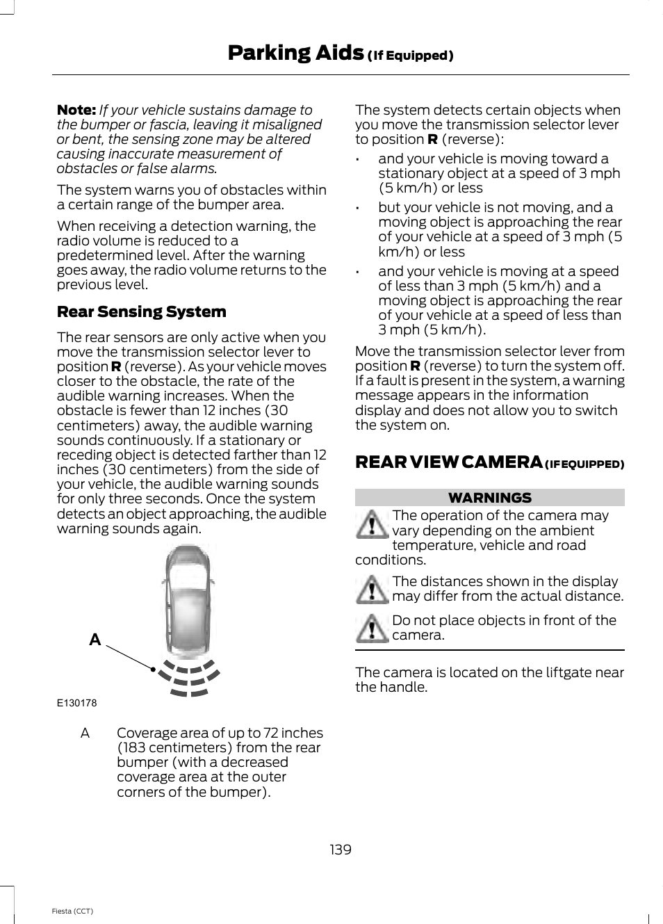 Rear view camera, Parking aids | FORD 2014 Fiesta v.1 User Manual | Page 142 / 396