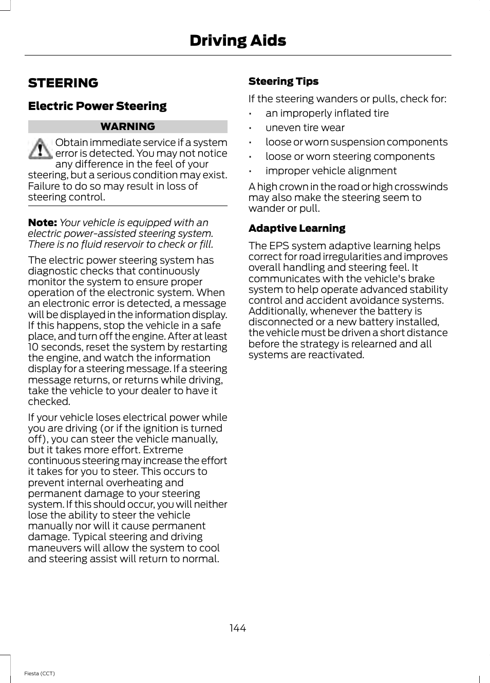 Driving aids, Steering | FORD 2014 Fiesta v.1 User Manual | Page 147 / 396