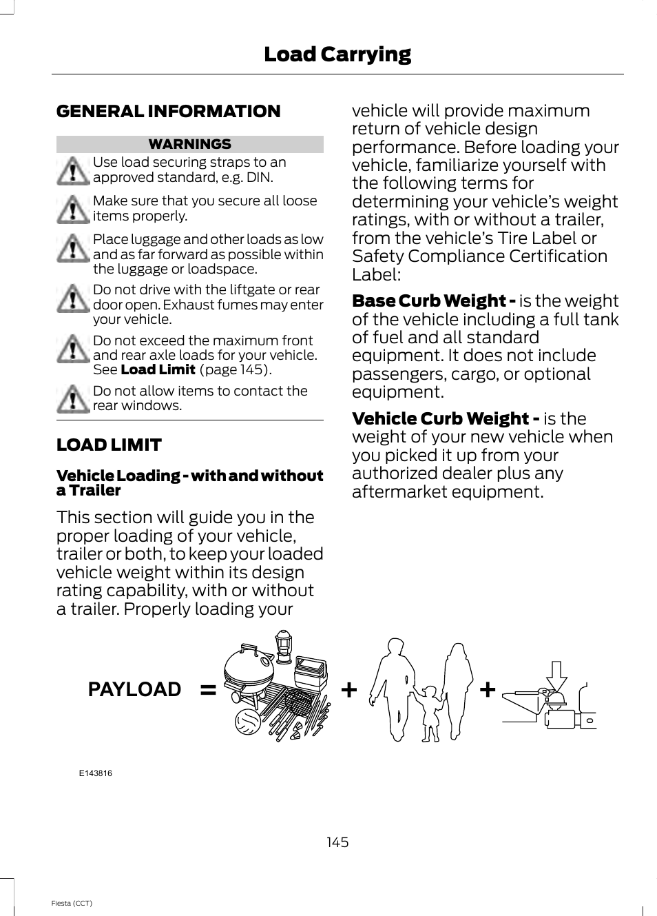 Load carrying, General information, Load limit | General information load limit, Payload | FORD 2014 Fiesta v.1 User Manual | Page 148 / 396