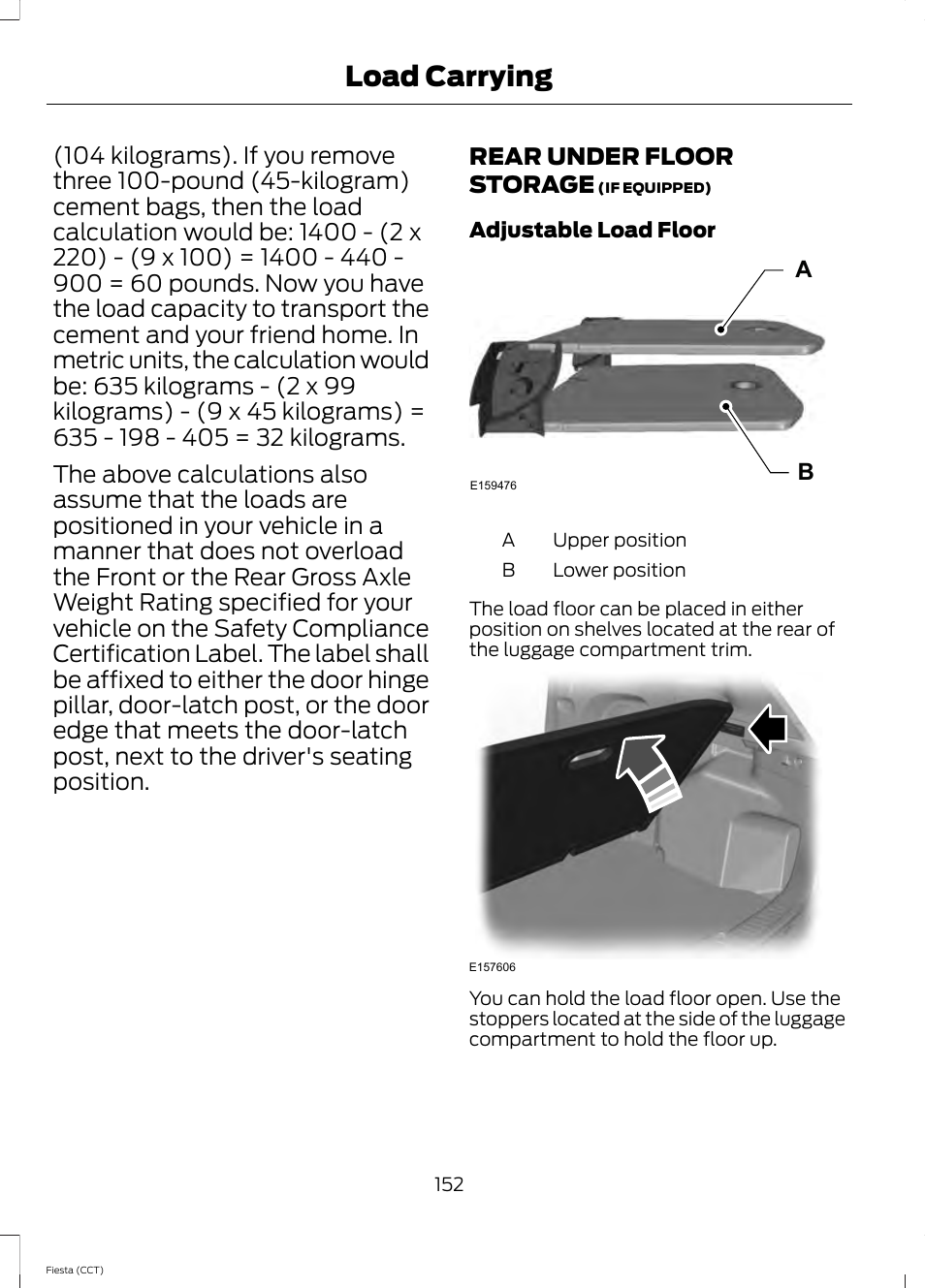 Rear under floor storage, Load carrying | FORD 2014 Fiesta v.1 User Manual | Page 155 / 396