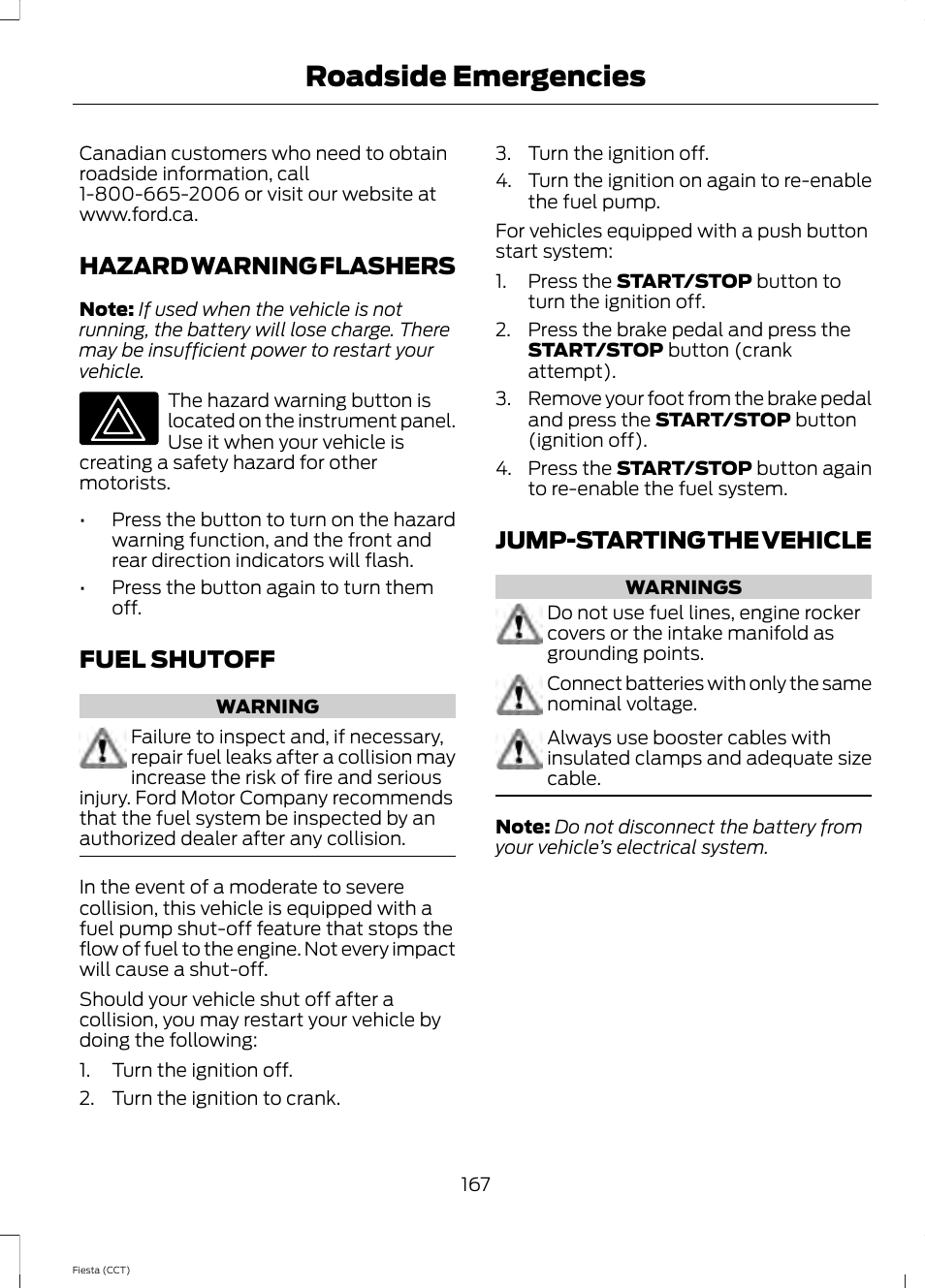 Hazard warning flashers, Fuel shutoff, Jump-starting the vehicle | Roadside emergencies | FORD 2014 Fiesta v.1 User Manual | Page 170 / 396