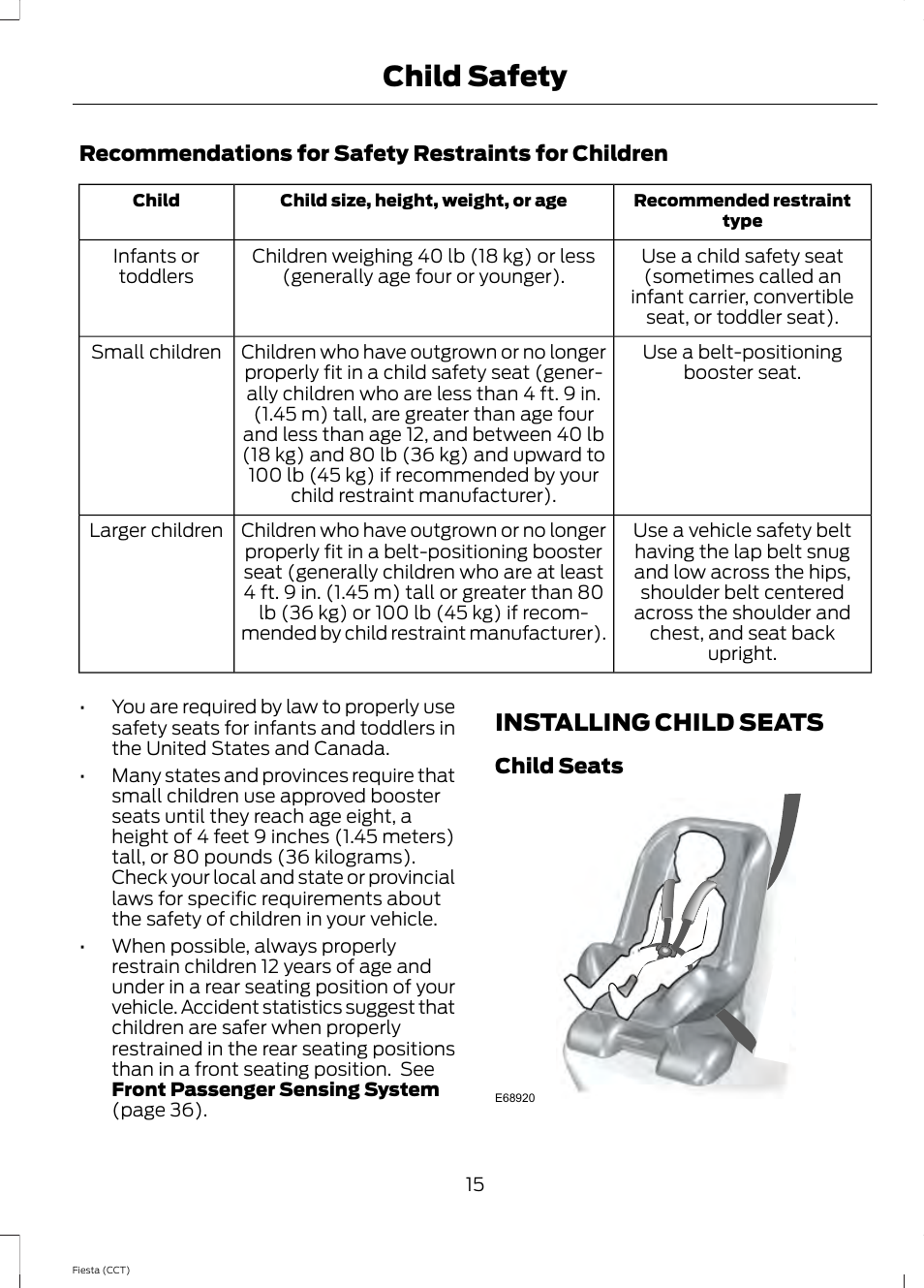 Installing child seats, Child safety | FORD 2014 Fiesta v.1 User Manual | Page 18 / 396