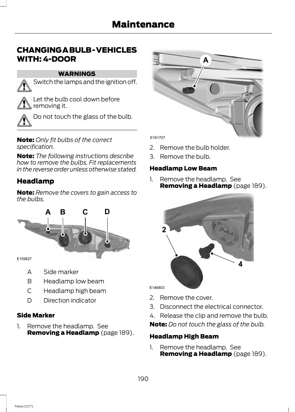 Changing a bulb, Changing a bulb - vehicles with, Door | Maintenance, Changing a bulb - vehicles with: 4-door, Ba c d | FORD 2014 Fiesta v.1 User Manual | Page 193 / 396